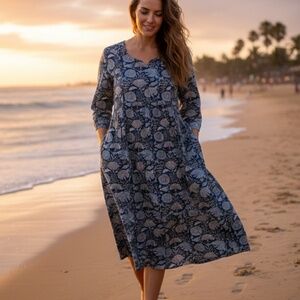 Karma East Floral Midi Dress 2XL XXL Cotton Kaftan Pocket 3/4 Sleeve Boho Resort